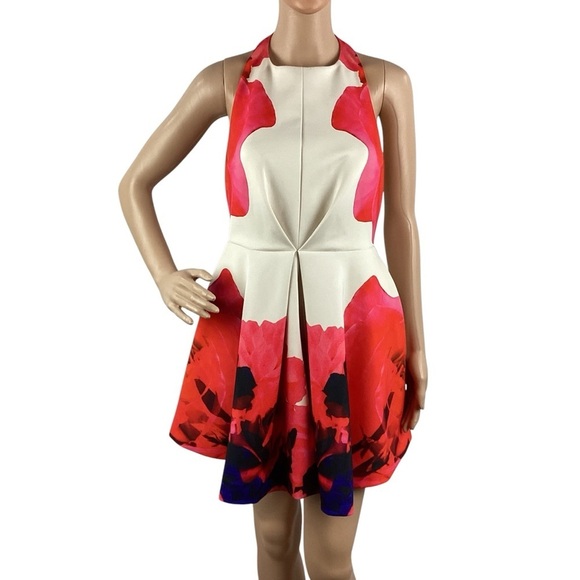 Keepsake Chained Ivory Red Floral Halter Skater Mini Dress Open Back Size L - Picture 1 of 9